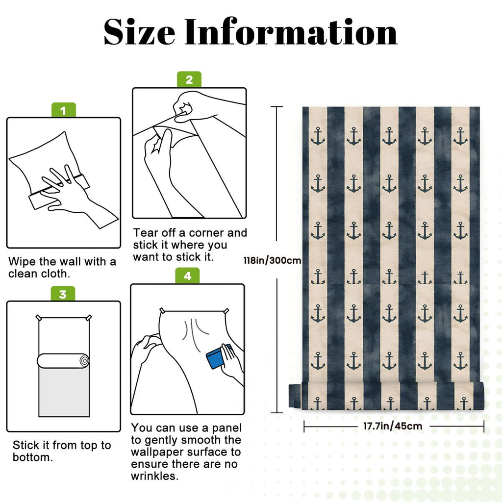 Size information guide for navy blue anchor pattern wallpaper with installation steps.