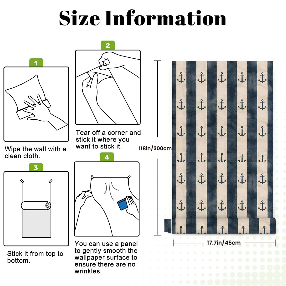 Size information guide for navy blue anchor pattern wallpaper with installation steps.
