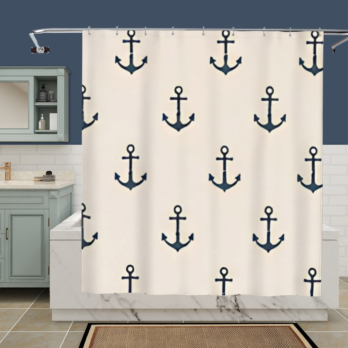 Nautical cream shower curtain with navy blue anchor pattern in a modern bathroom.