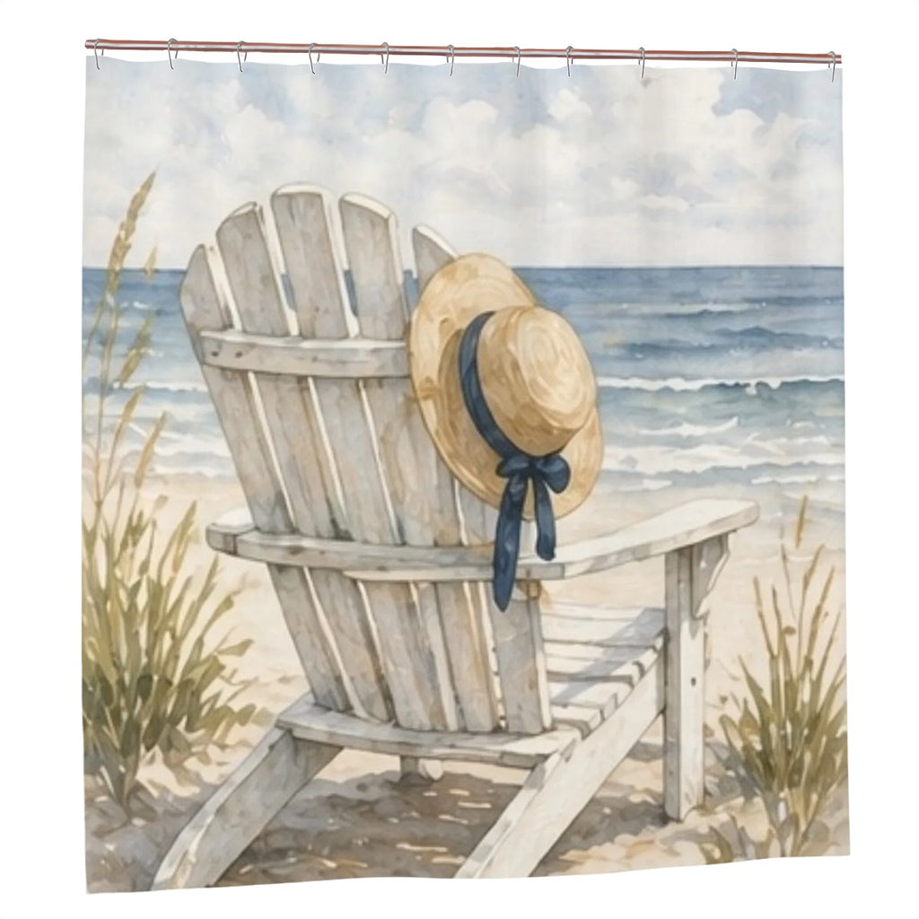 Sandy Beach bathroom decor shower curtain with ocean wave pattern hanging in a modern bathroom setting