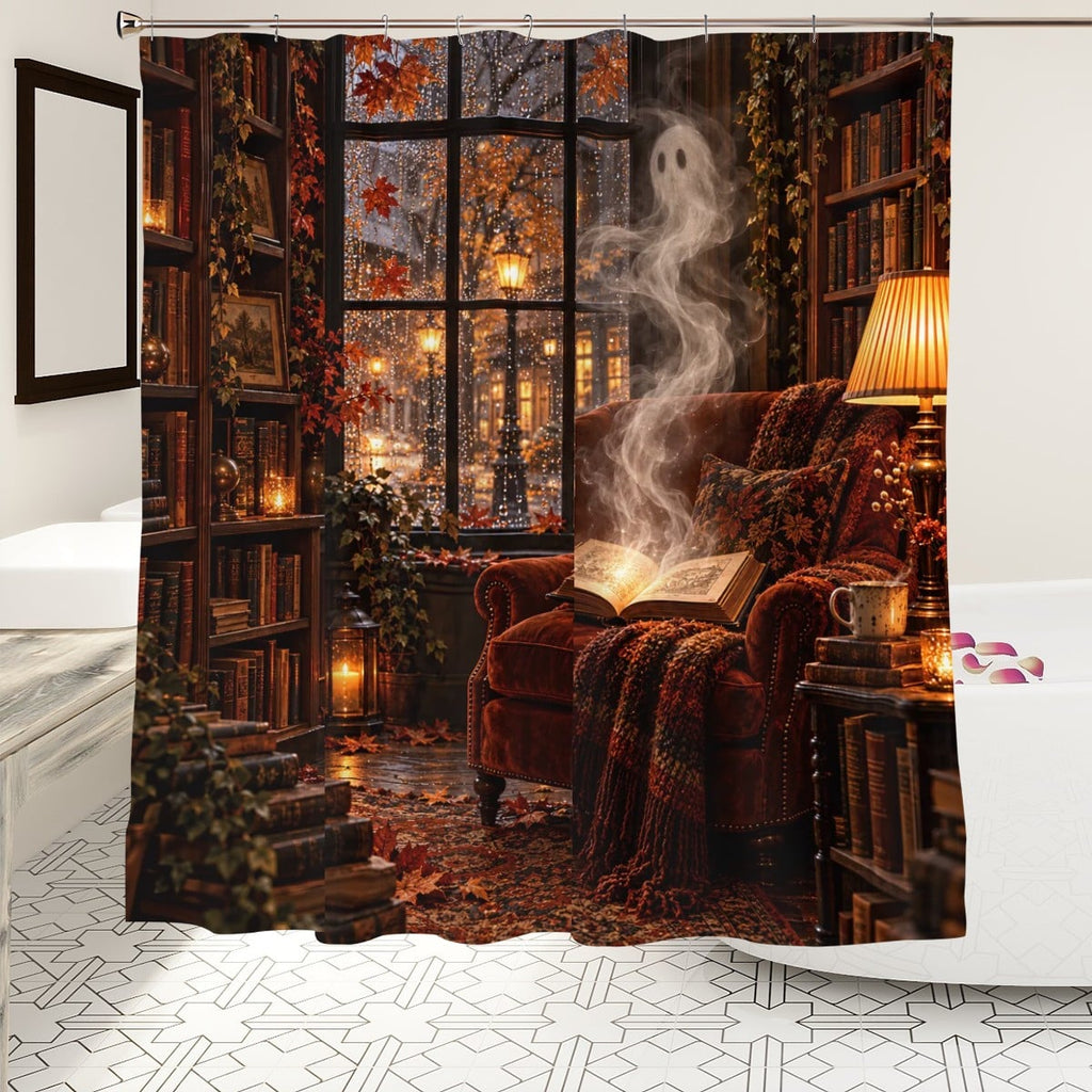 Ghost with Coffee Shower Curtain - 72" x 72" Autumn Doorway Halloween Decor
