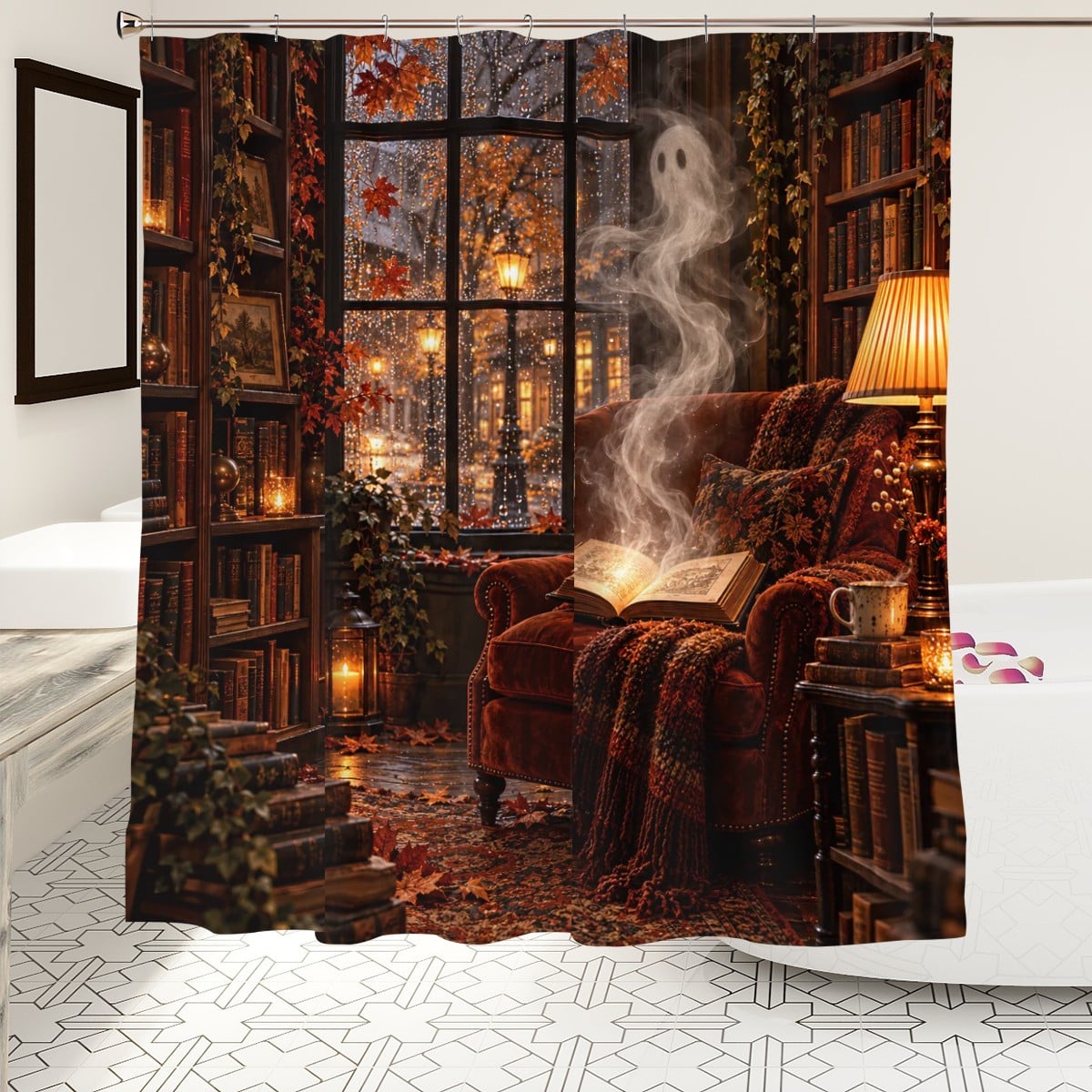 Ghost with Coffee Shower Curtain - 72" x 72" Autumn Doorway Halloween Decor