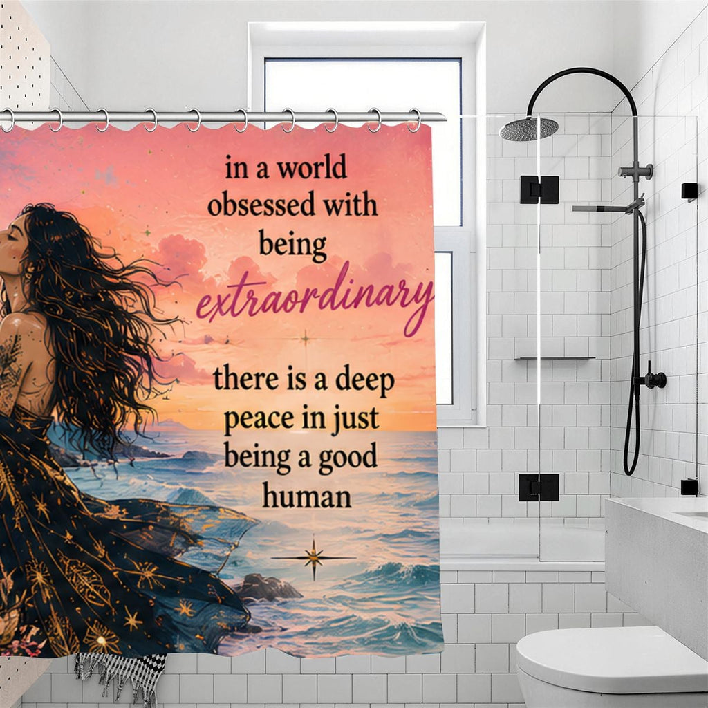 "Be a Good Human" Inspirational Shower Curtain | Coastal Sunset Bathroom Decor