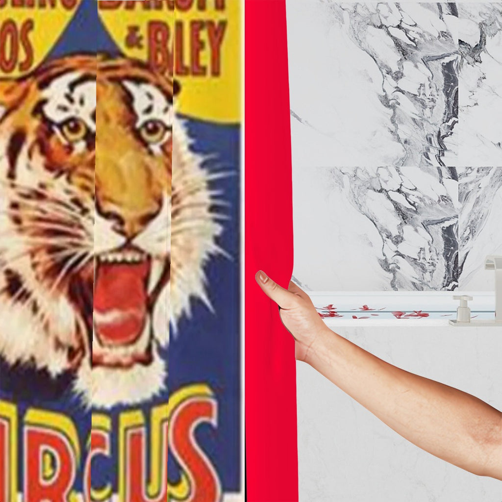 Sandy Beach Ringling Bros Barnum & Bailey Circus shower curtain featuring colorful circus performers and tents for bathroom decor