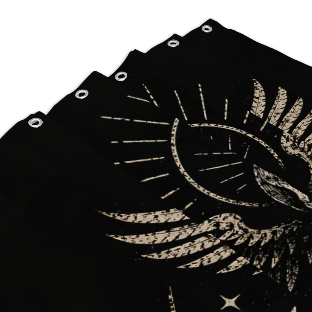 Sacred Rebel Gothic shower curtain with spiritual skull and wing design, dark mystic bathroom decor by Sandy Beach.