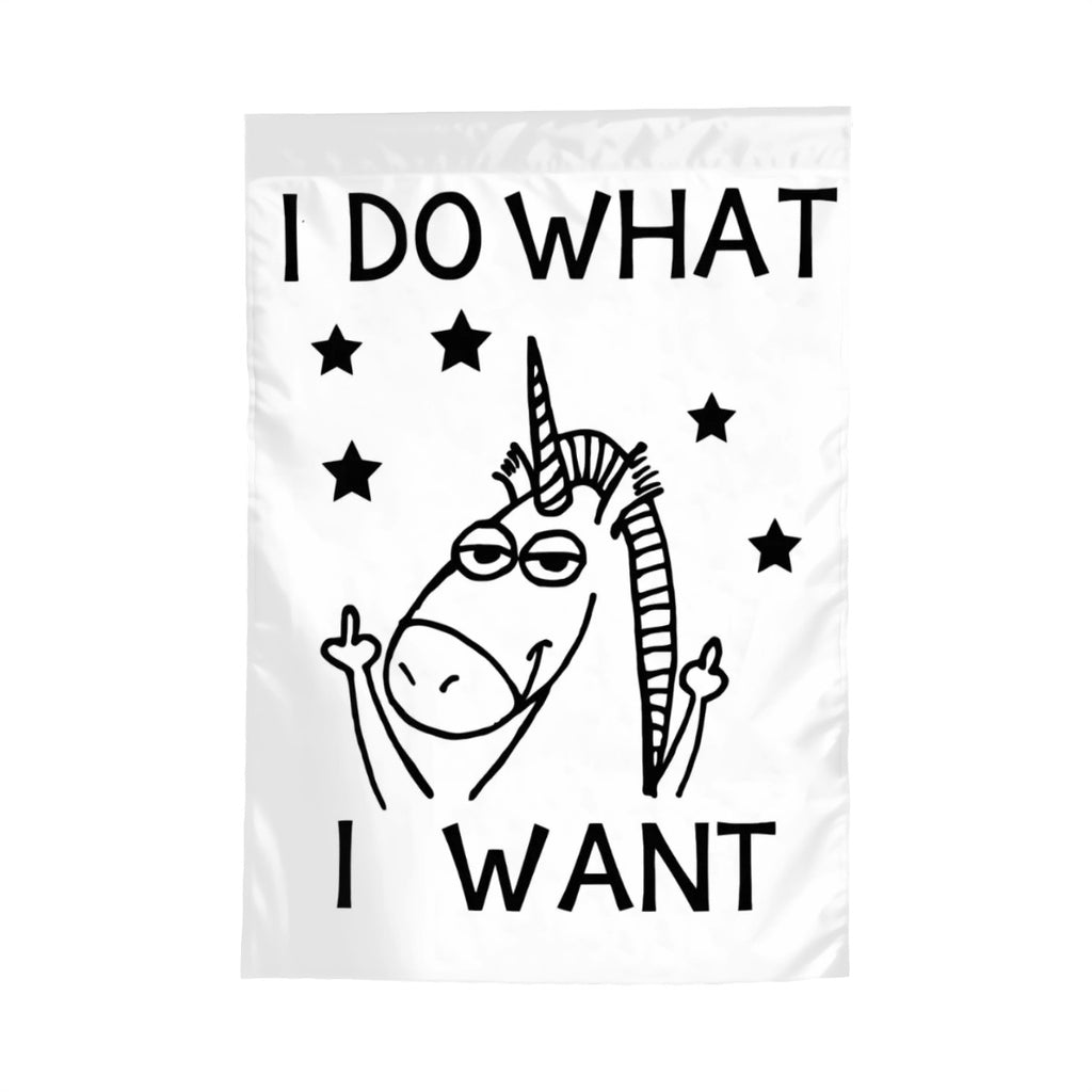 Colorful unicorn garden flag with "I Do What I Want" message, decorated with flowers, perfect for garden decor by Sandy Beach.