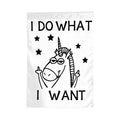 Colorful unicorn garden flag with "I Do What I Want" message, decorated with flowers, perfect for garden decor by Sandy Beach.