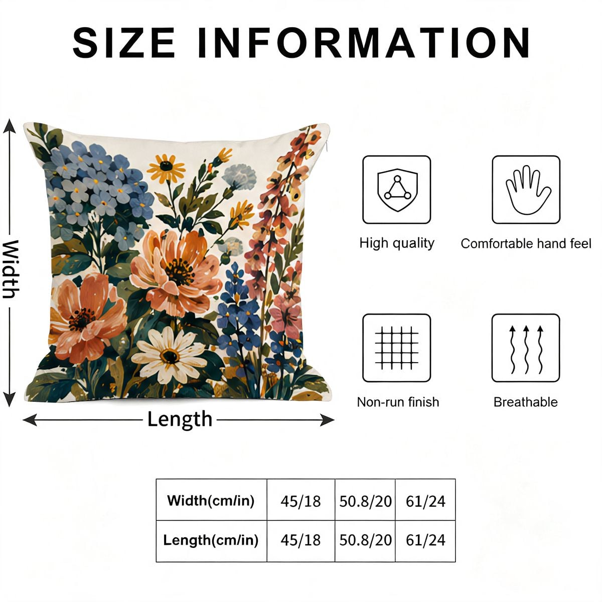 Floral patterned decorative throw pillow with size information and quality features.