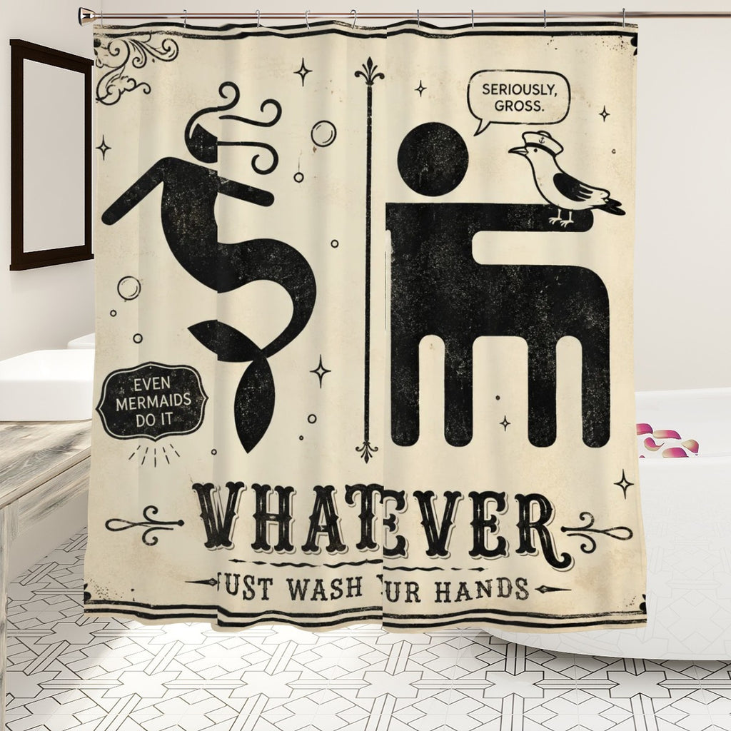 Funny mermaid and seagull themed shower curtain with humorous hand washing text.