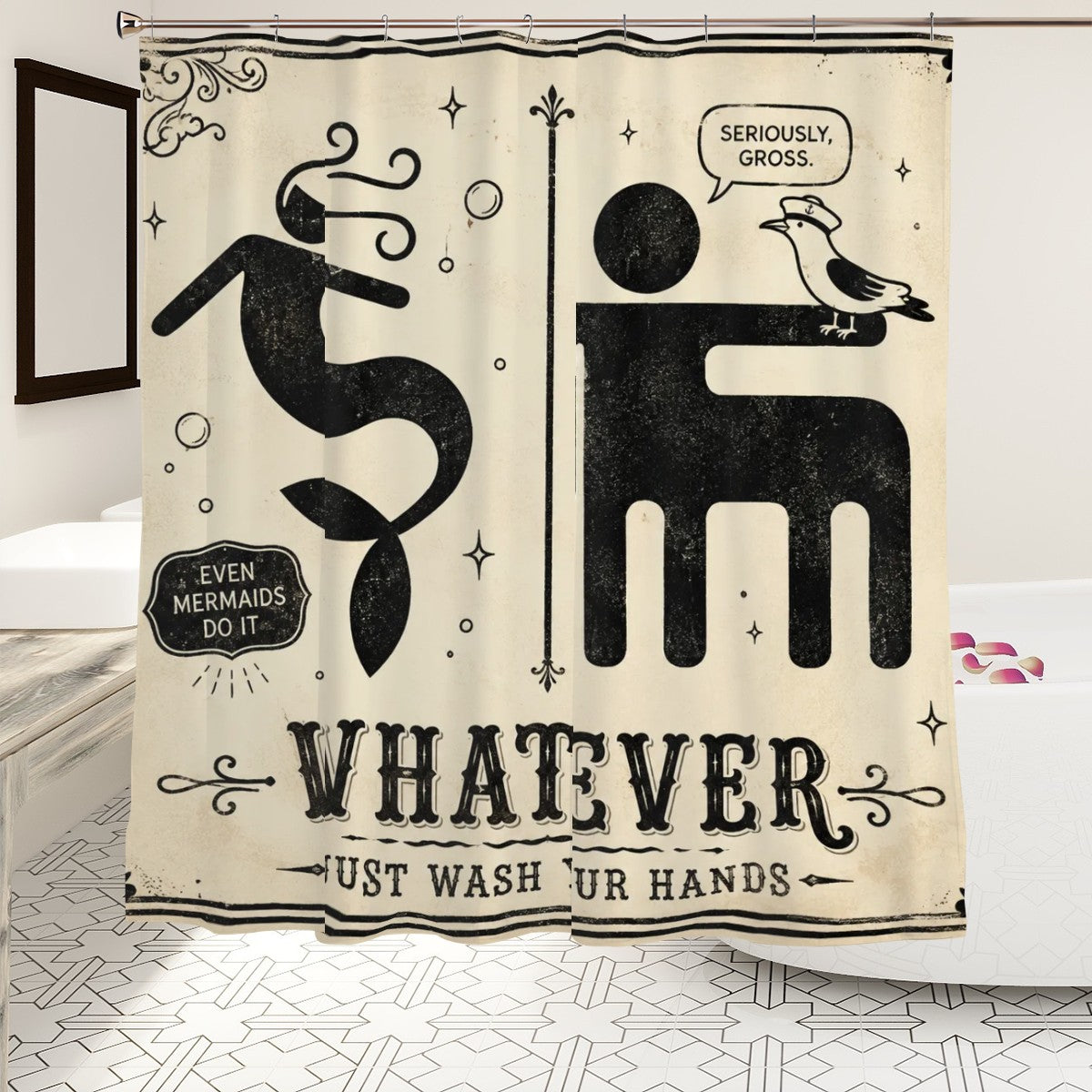 Funny mermaid and seagull themed shower curtain with humorous hand washing text.