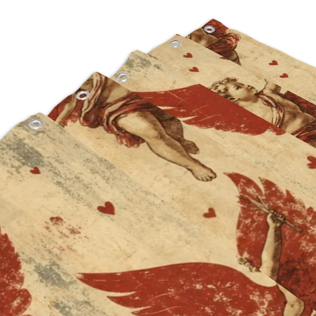 Vintage style shower curtain featuring red cherub angels and heart motifs on beige fabric.