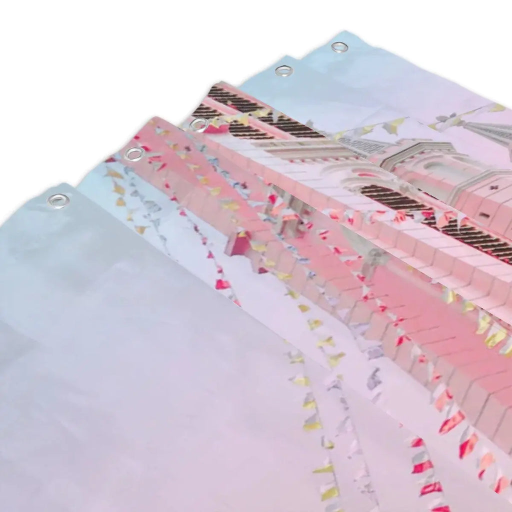 Pink church architecture shower curtain featuring detailed church design, ideal for bathroom decor by Sandy Beach.