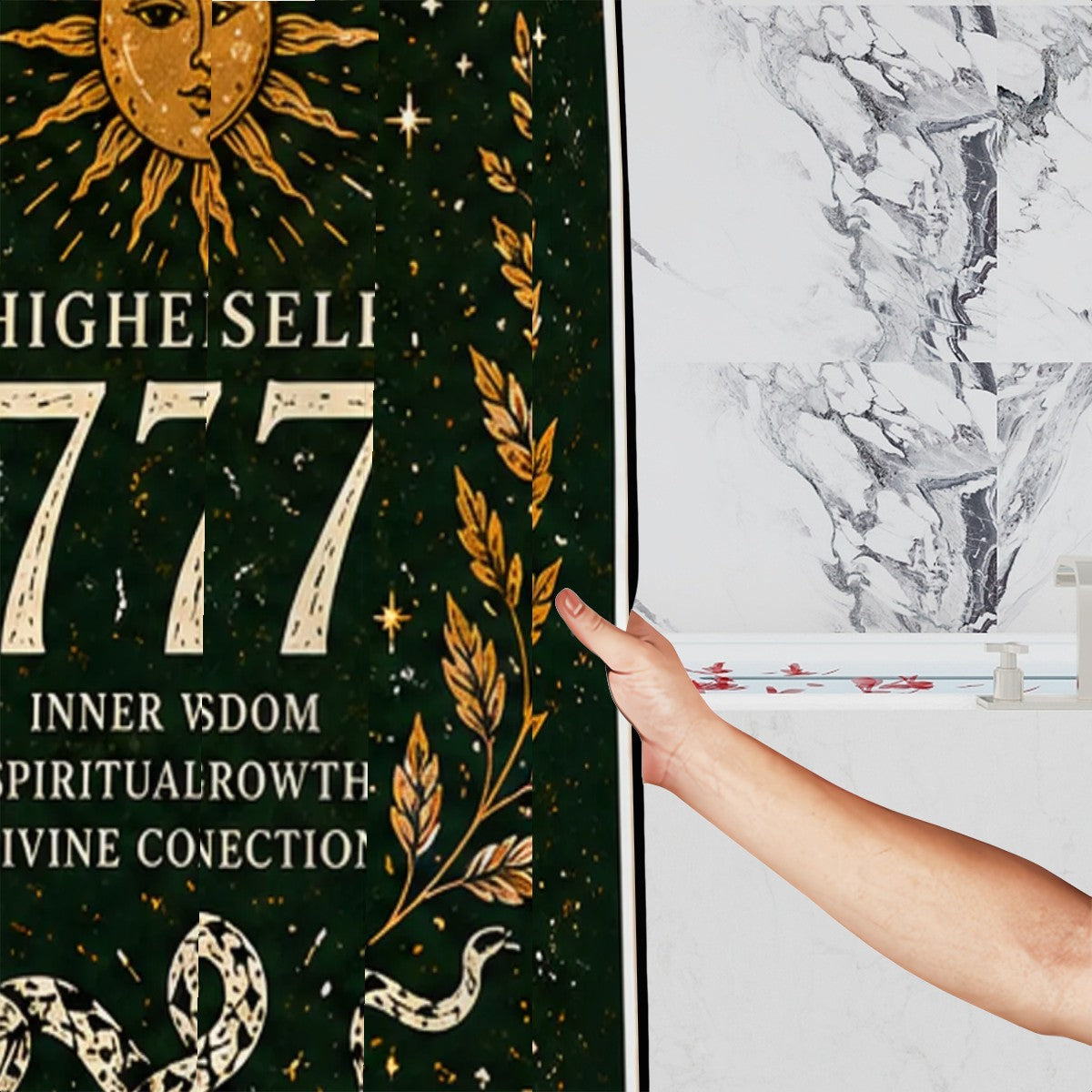 Sandy Beach 777 Angel Number shower curtain with celestial snake design, spiritual growth bathroom decor for higher self awakening.