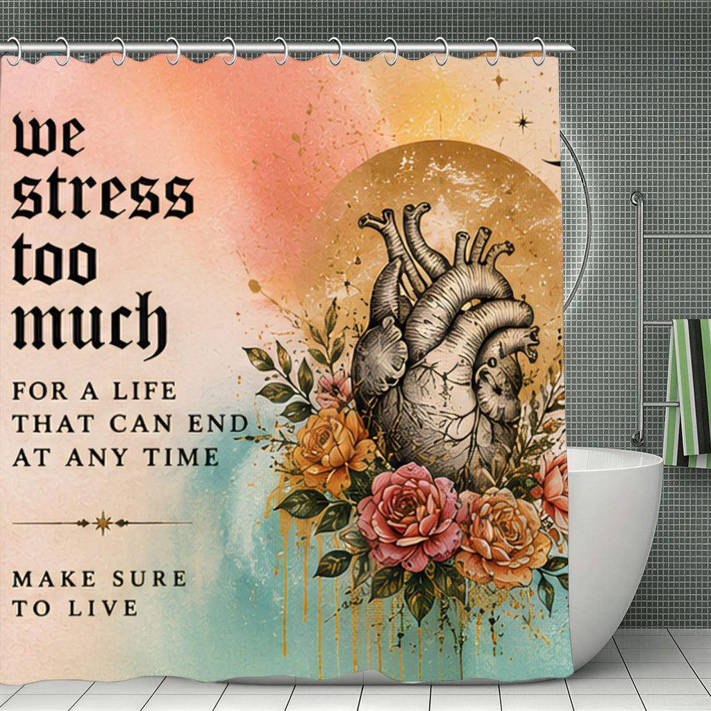 Shower curtain with anatomical heart, floral design, and inspirational quote on watercolor background.