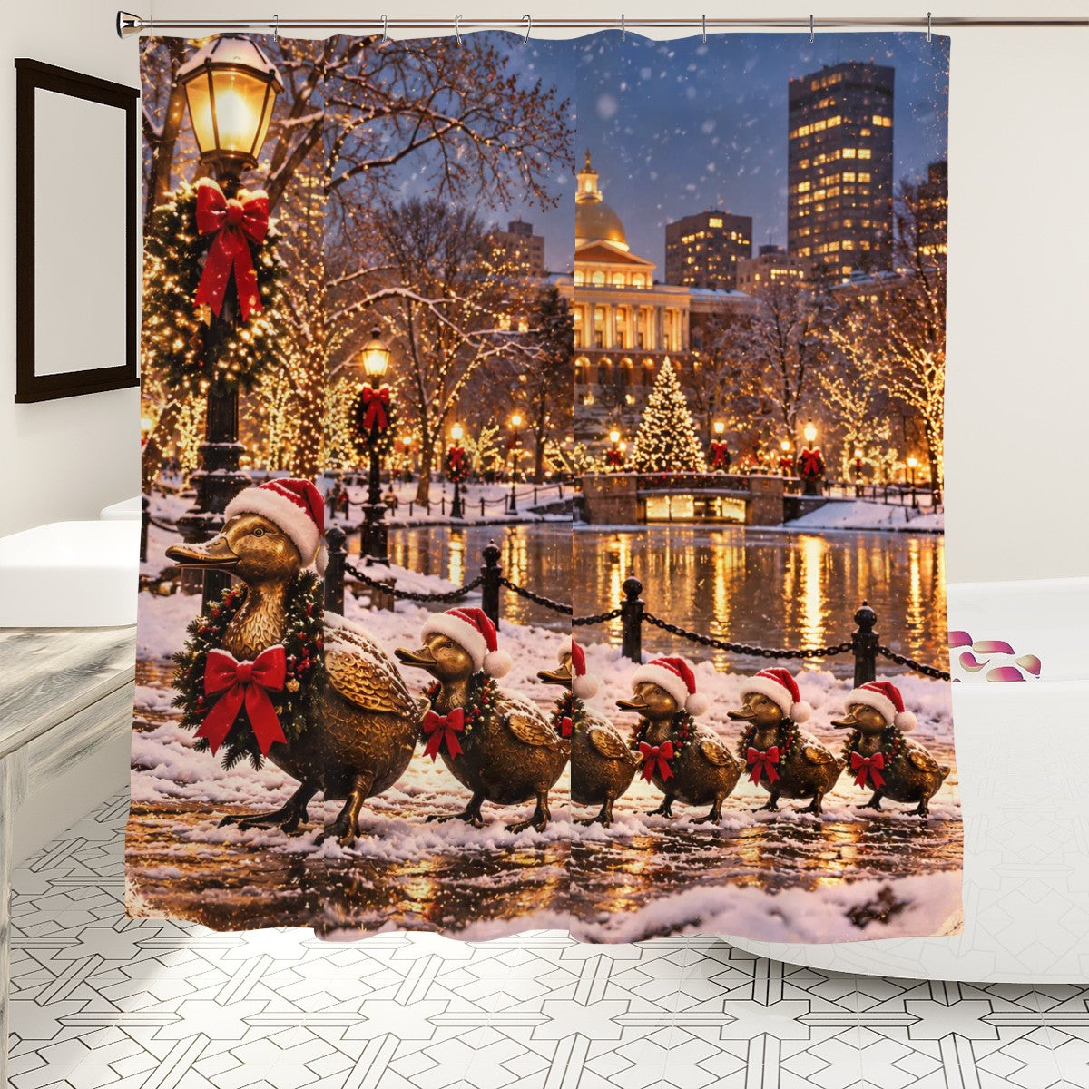 Boston Christmas Ducks Shower Curtain | Festive Winter Duck Parade