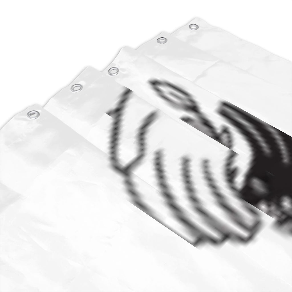 Yin Yang shower curtain with black and white design, modern bathroom decor from Sandy Beach, hanging on a bathroom rod.