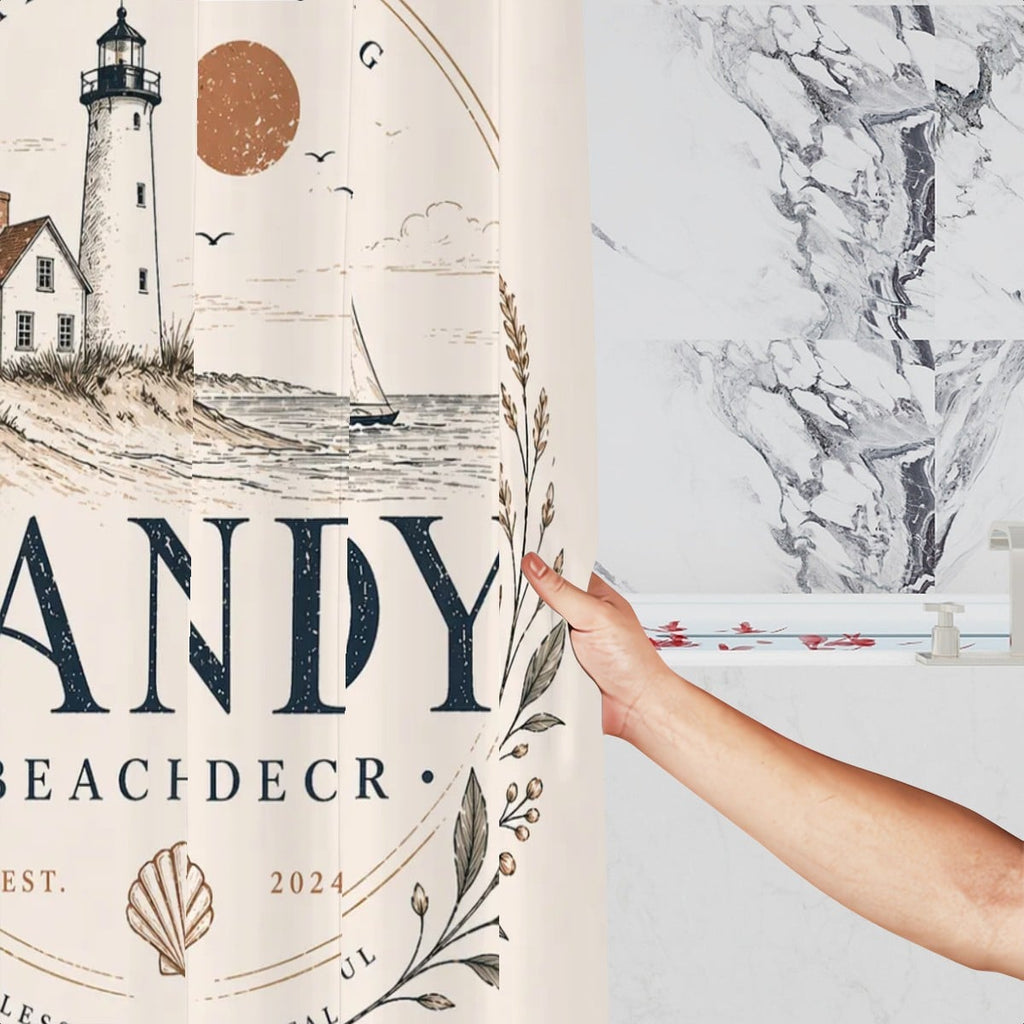 Sandy Beach bathroom decor shower curtain with ocean-themed design, featuring sandy shores and blue waves for a relaxing bathroom look.