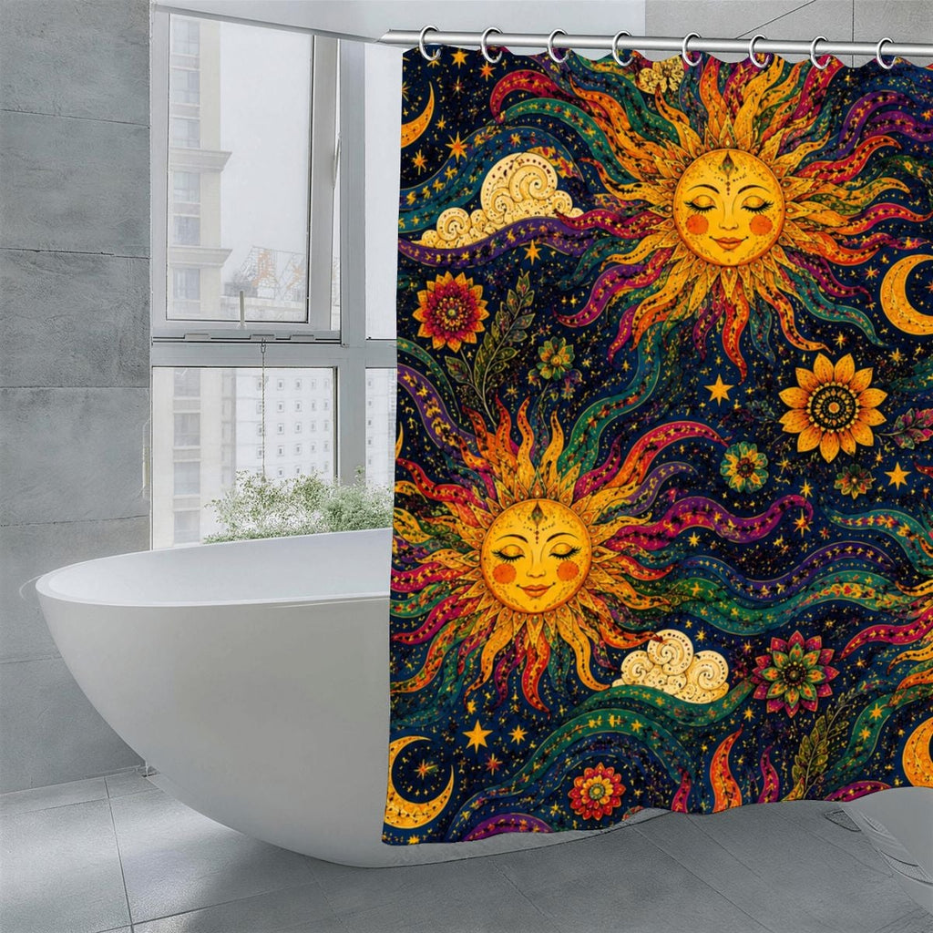 Bohemian celestial shower curtain featuring sun and moon motifs in a colorful cosmic design.