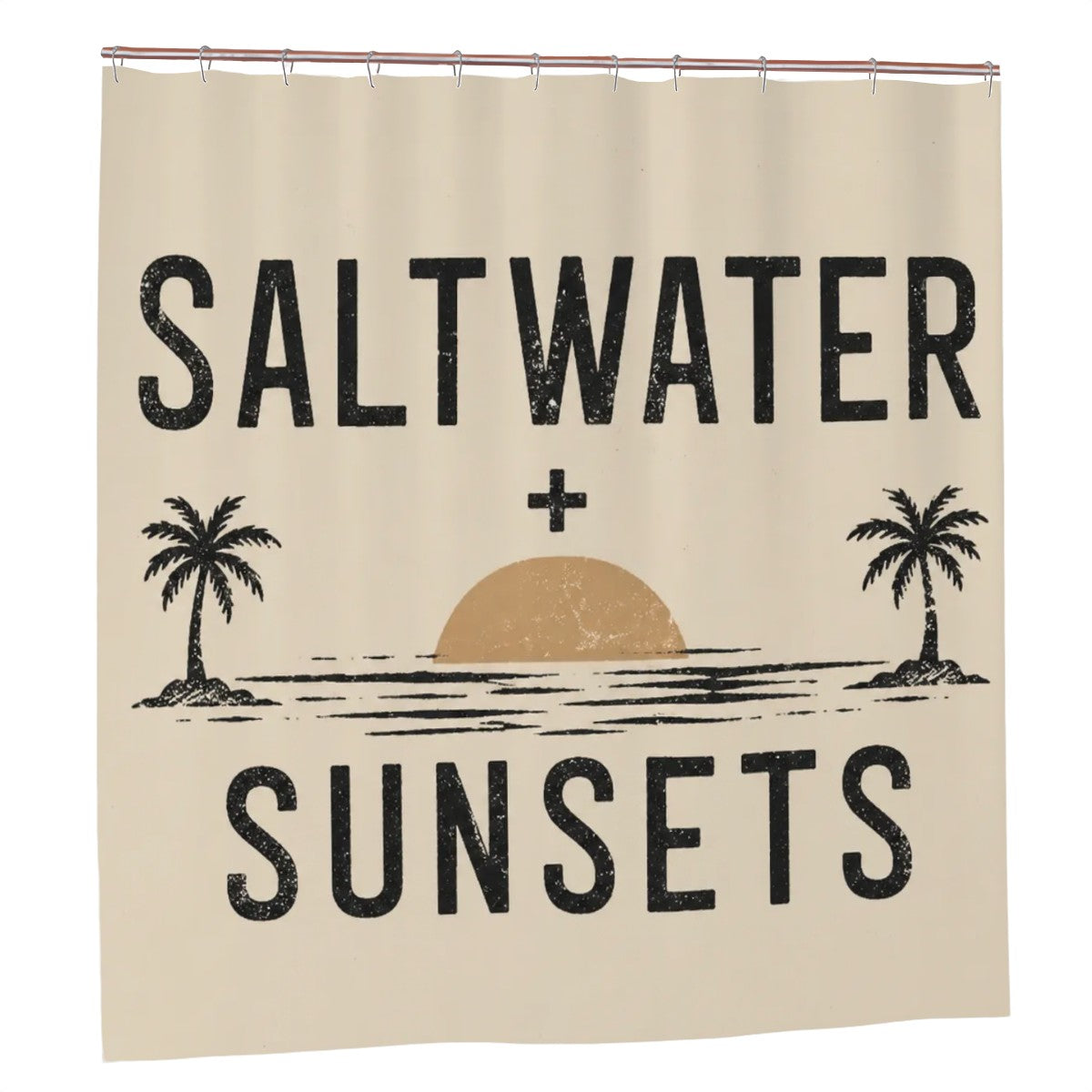 Sandy Beach bathroom decor shower curtain with ocean-themed design hanging in a modern bathroom.