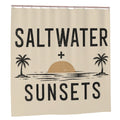 Sandy Beach bathroom decor shower curtain with a coastal beach scene and vibrant ocean colors, hanging in a modern bathroom.