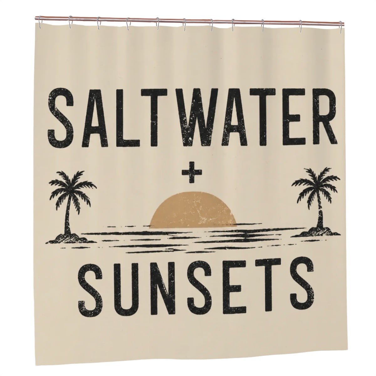 Sandy Beach bathroom decor shower curtain with a coastal beach scene and vibrant ocean colors, hanging in a modern bathroom.