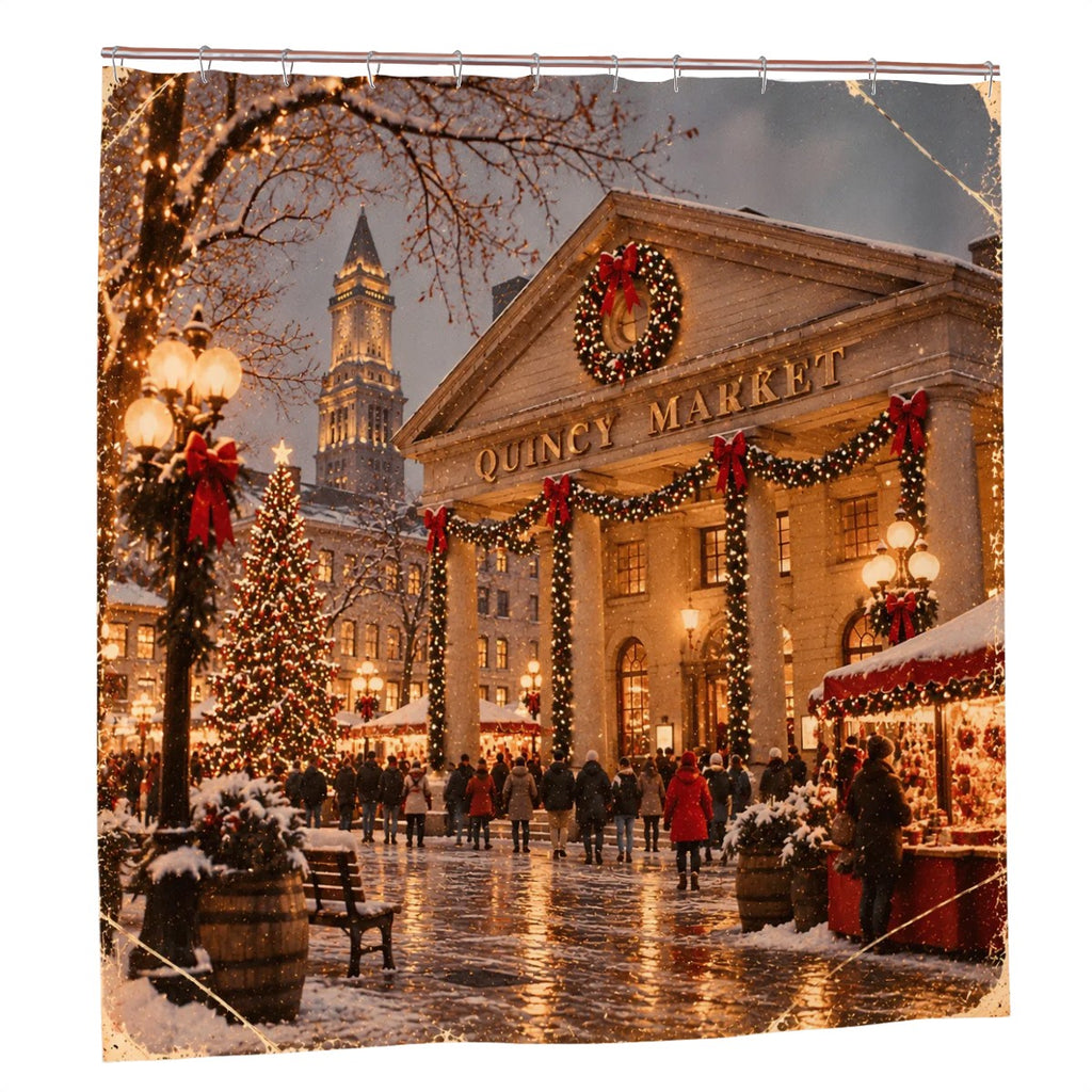 Boston Quincy Market Christmas Shower Curtain | Holiday Winter Scene