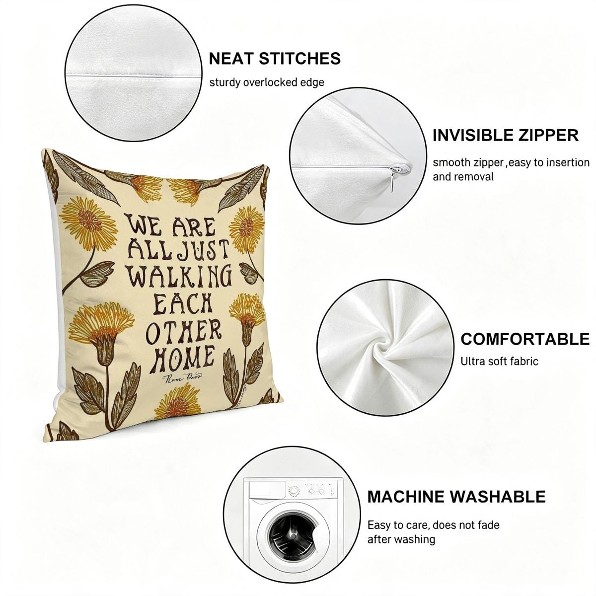 Decorative cream throw pillow with botanical floral print and inspirational quote text.
