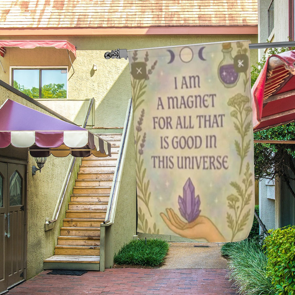 Sandy Beach "I Am A Magnet For All That Is Good" garden flag, decorative outdoor decor with inspirational message and colorful design.