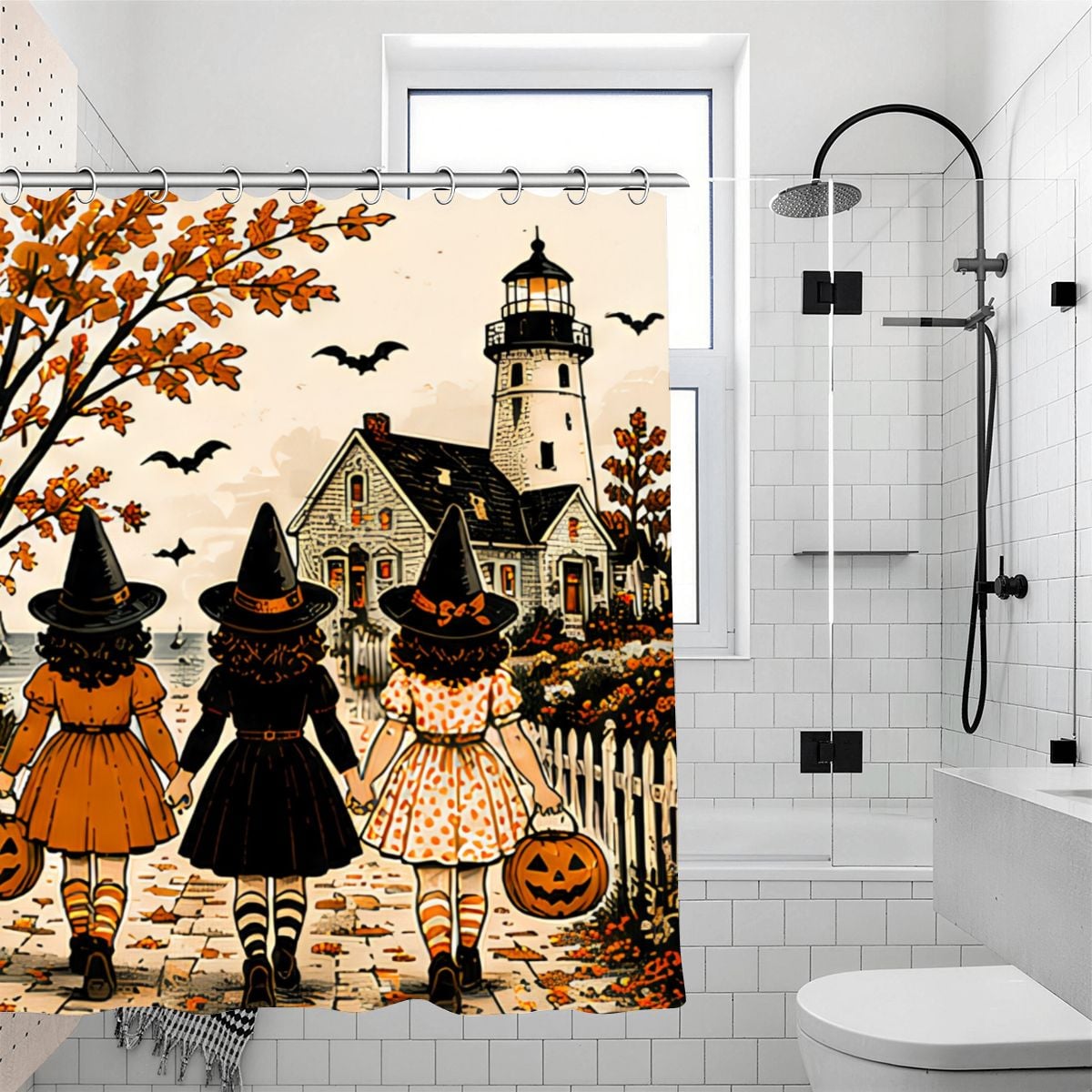 Halloween shower curtain featuring three girls in witch hats walking toward a lighthouse.