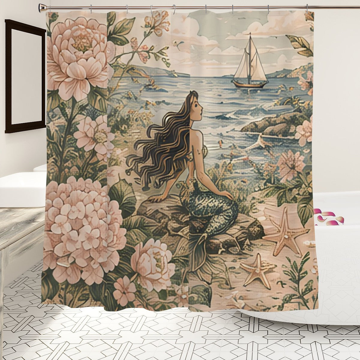 Vintage style shower curtain featuring a mermaid sitting on rocks by the ocean with flowers.