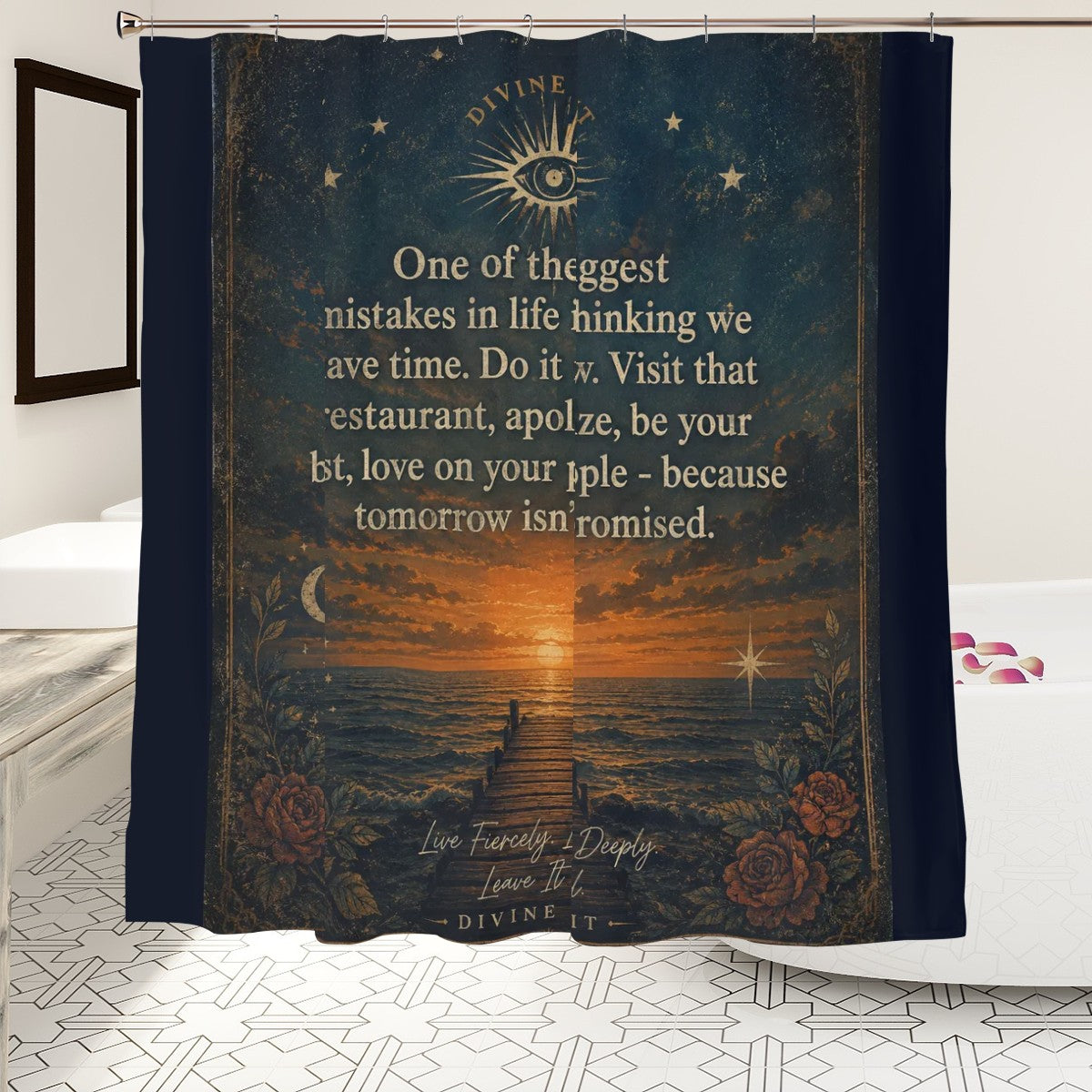 Dark blue inspirational shower curtain with celestial eye, sunset ocean, and motivational quote.