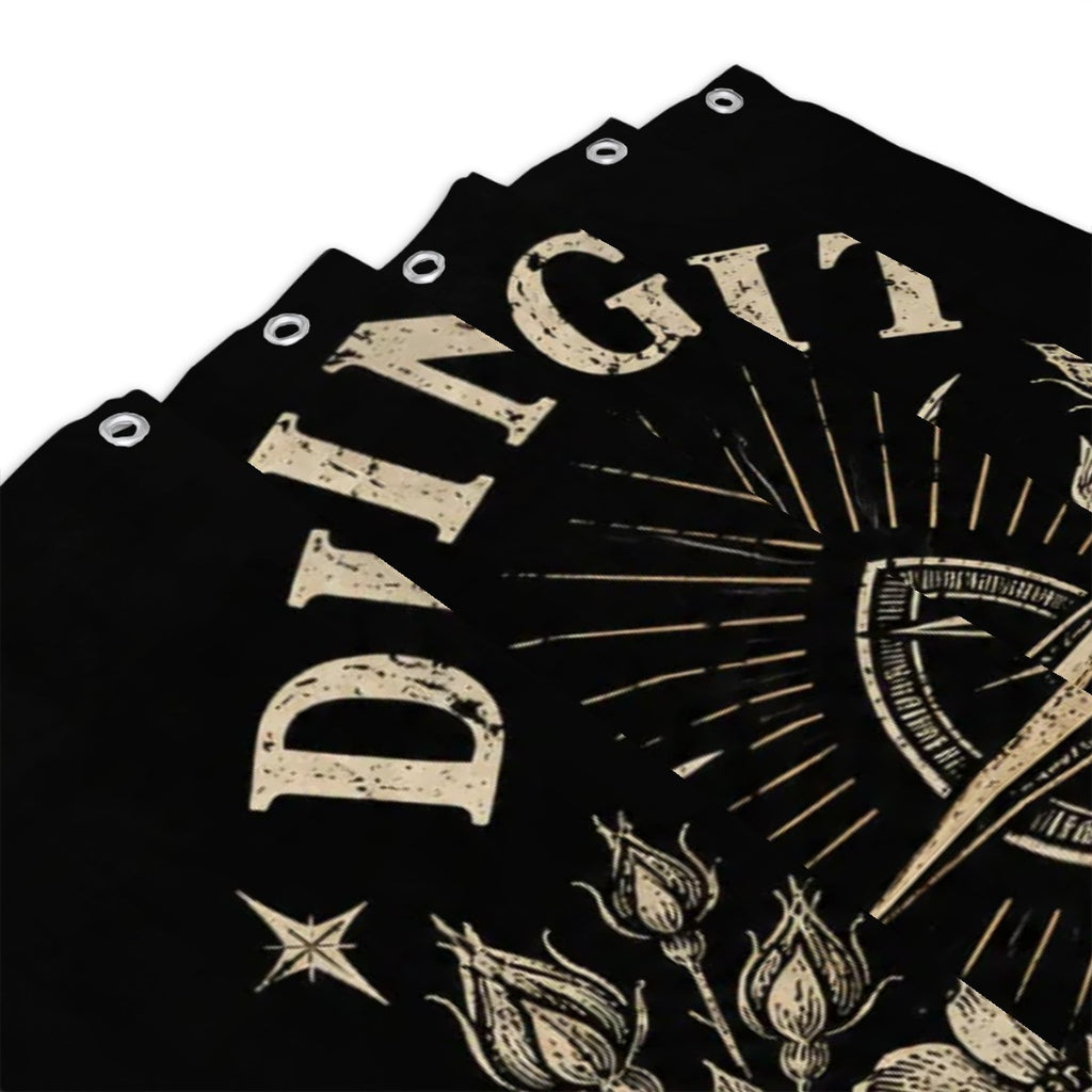 Black shower curtain with vintage cream-colored celestial and floral graphic design.
