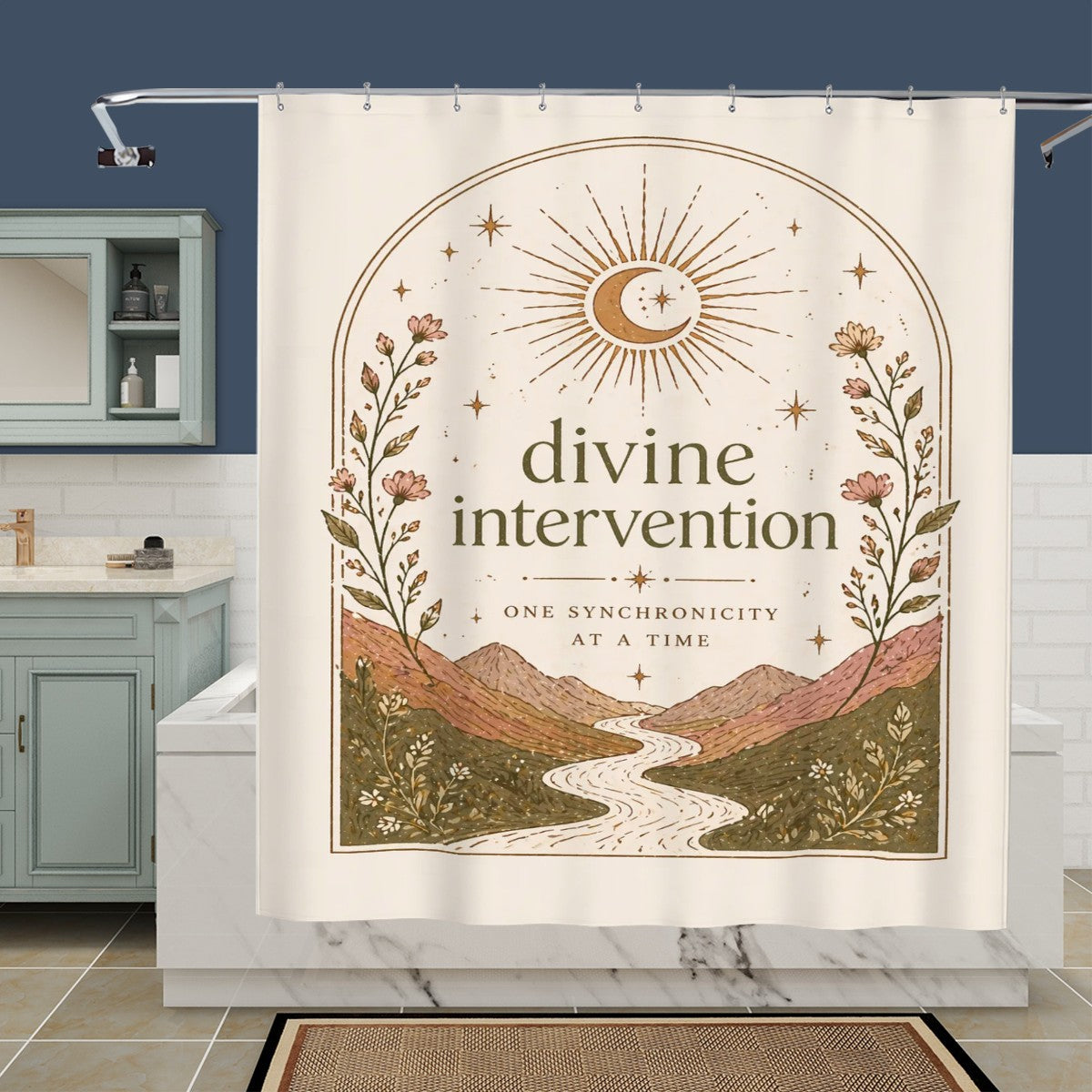 Divine Path shower curtain with spiritual landscape design by Sandy Beach, featuring celestial and nature-inspired bathroom decor.