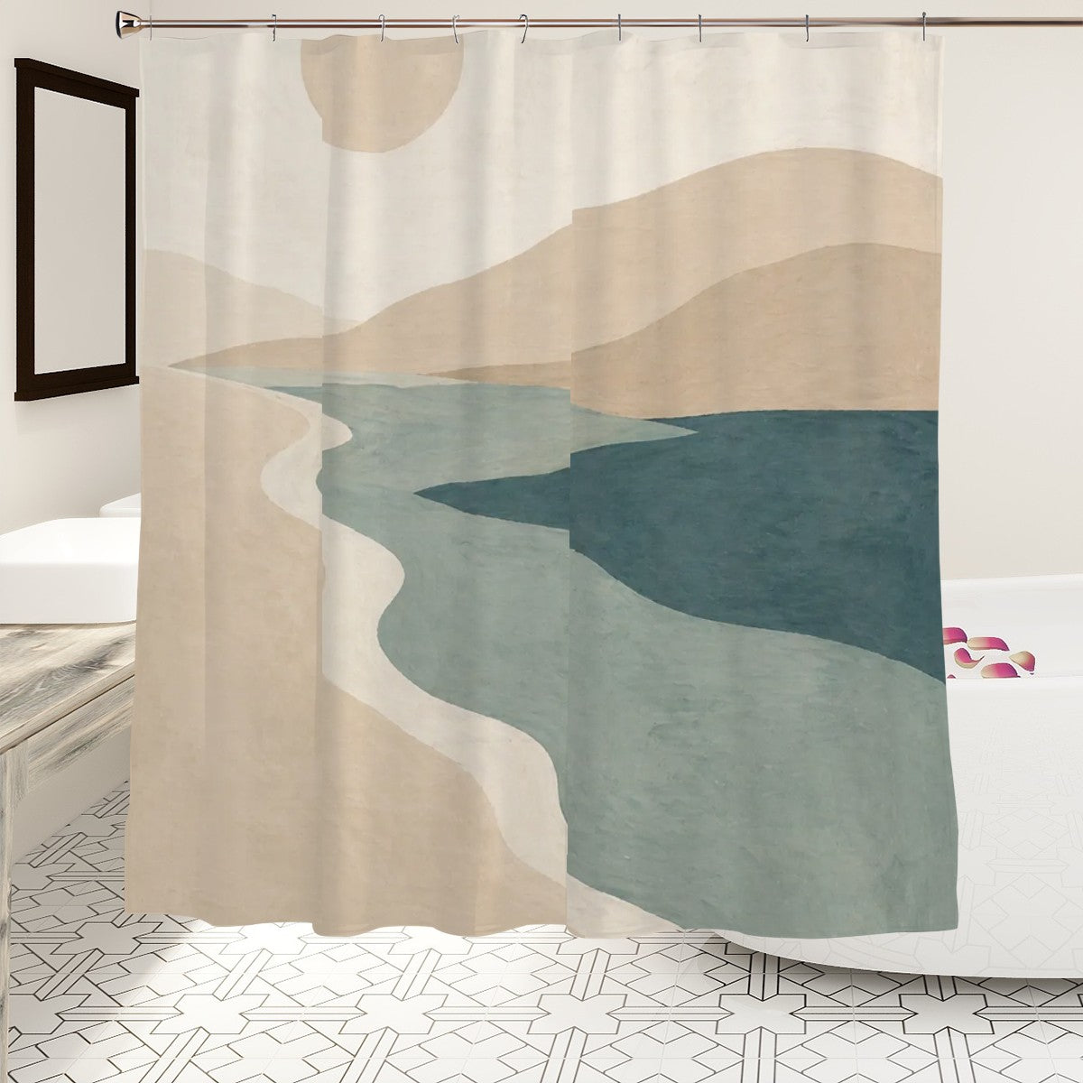 Abstract coastal shower curtain from Sandy Beach featuring modern beach decor with neutral ocean-inspired artwork for a stylish bathroom.