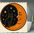 Halloween themed shower curtain featuring a black cat sitting in front of a crescent moon and stars.