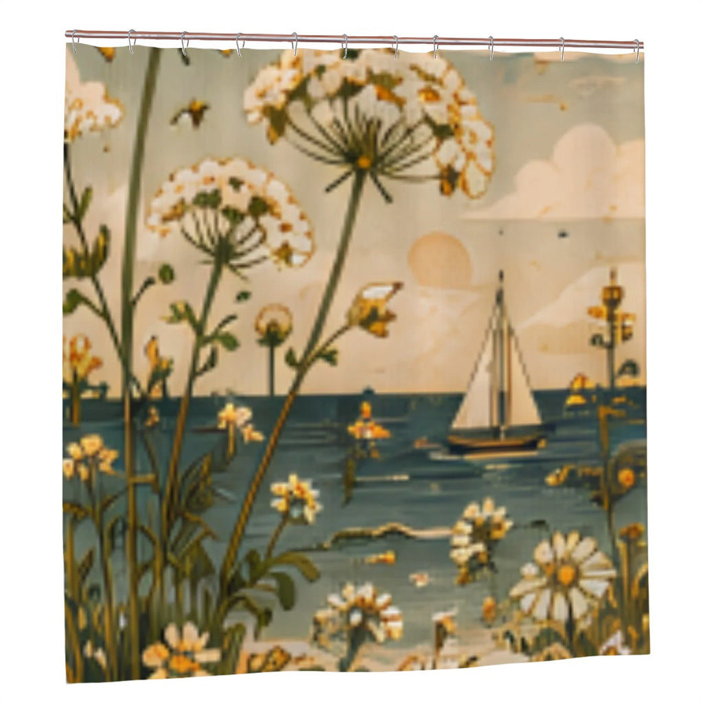 Coastal Wildflower & Sailboat Shower Curtain | Vintage Botanical Beach Bathroom Decor