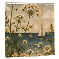 Coastal Wildflower & Sailboat Shower Curtain | Vintage Botanical Beach Bathroom Decor