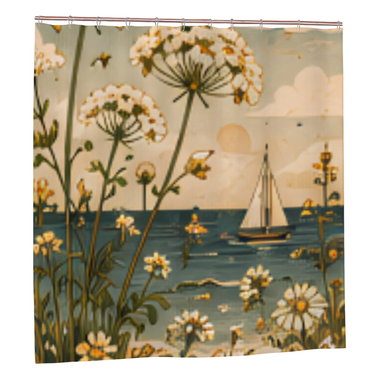 Coastal Wildflower & Sailboat Shower Curtain | Vintage Botanical Beach Bathroom Decor