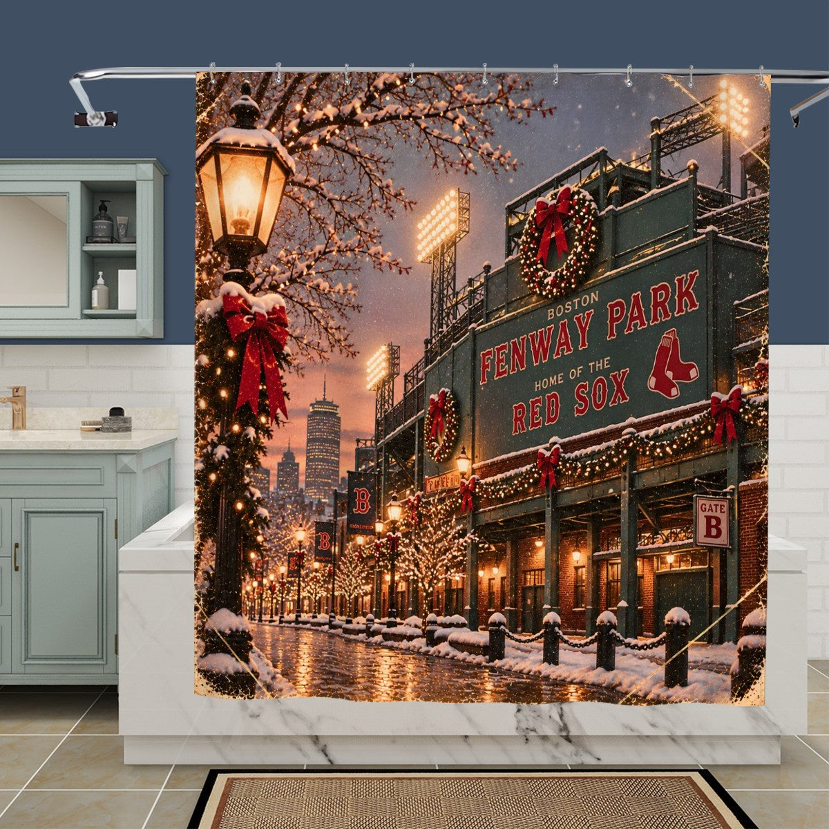 Fenway Park Christmas Shower Curtain | Boston Winter Baseball Scene
