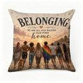 Decorative pillow featuring a diverse group of friends walking on a beach at sunset with text.