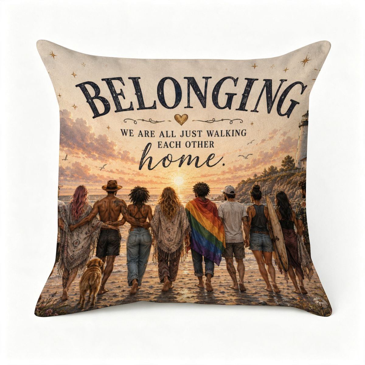 Decorative pillow featuring a diverse group of friends walking on a beach at sunset with text.