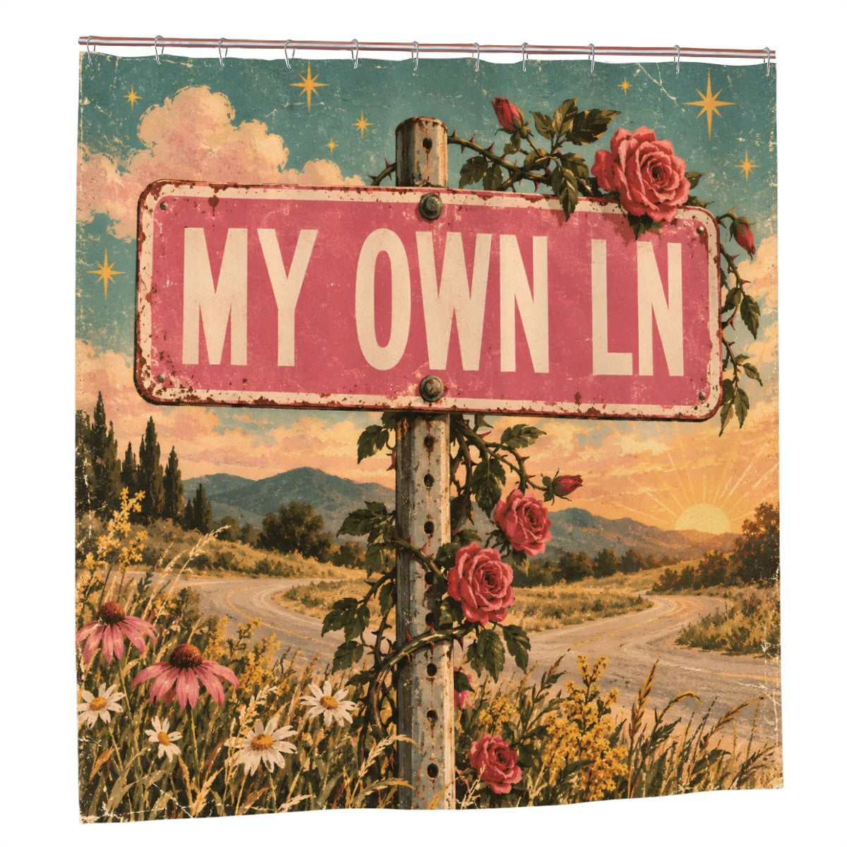 My Own Lane Shower Curtain - 72" x 72" Rustic Floral Road Sign Decor