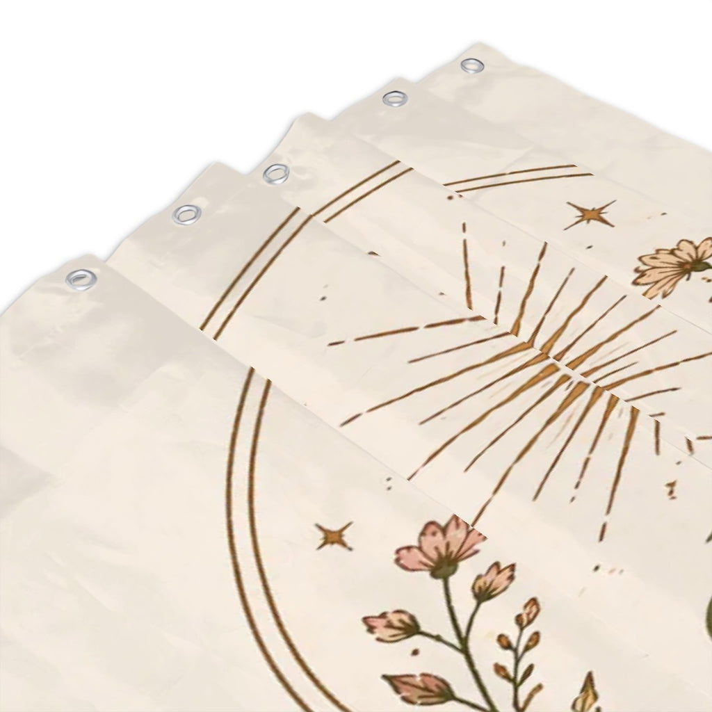 Divine Path shower curtain with celestial landscape design, featuring spiritual nature scene for bathroom decor by Sandy Beach
