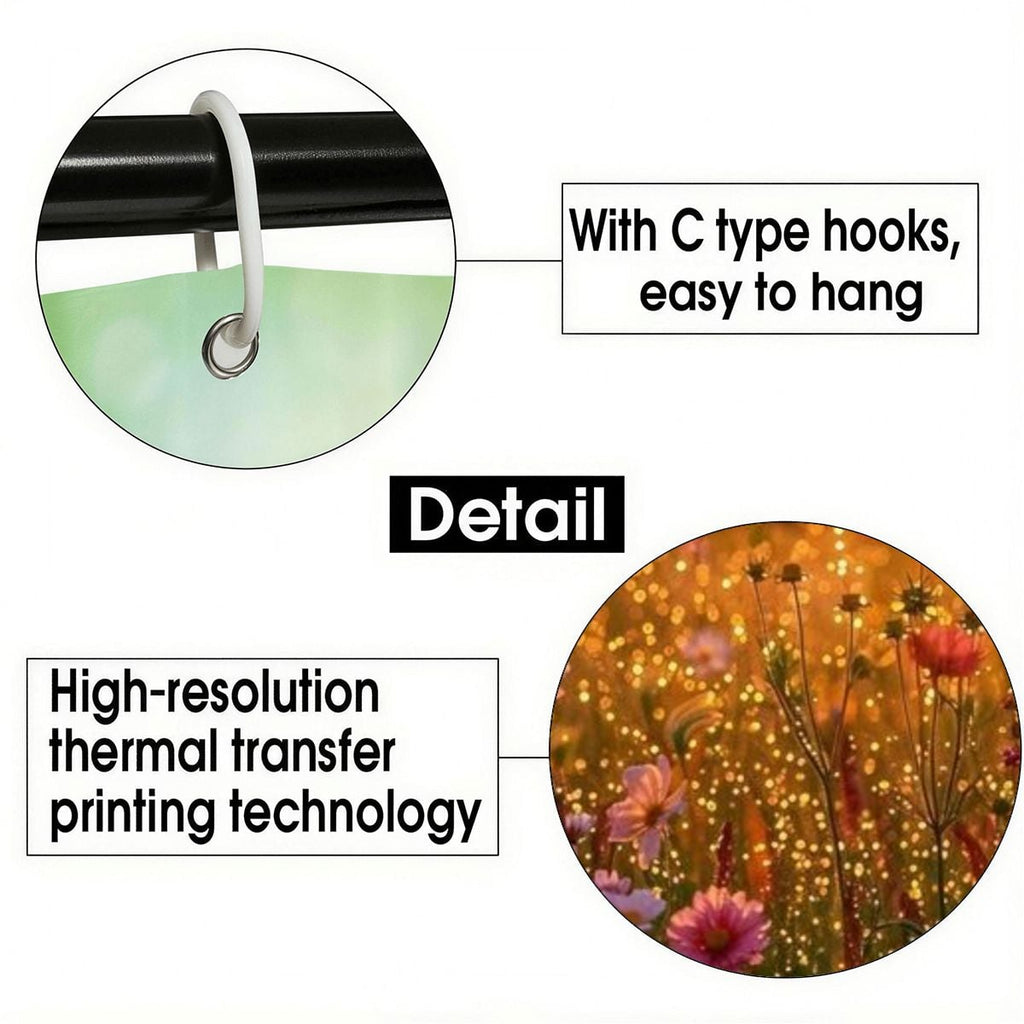 Product detail showing C-type hooks for easy hanging and high-resolution floral print.