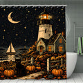 Nighttime lighthouse and cottage landscape shower curtain with moon, stars, and pumpkins.