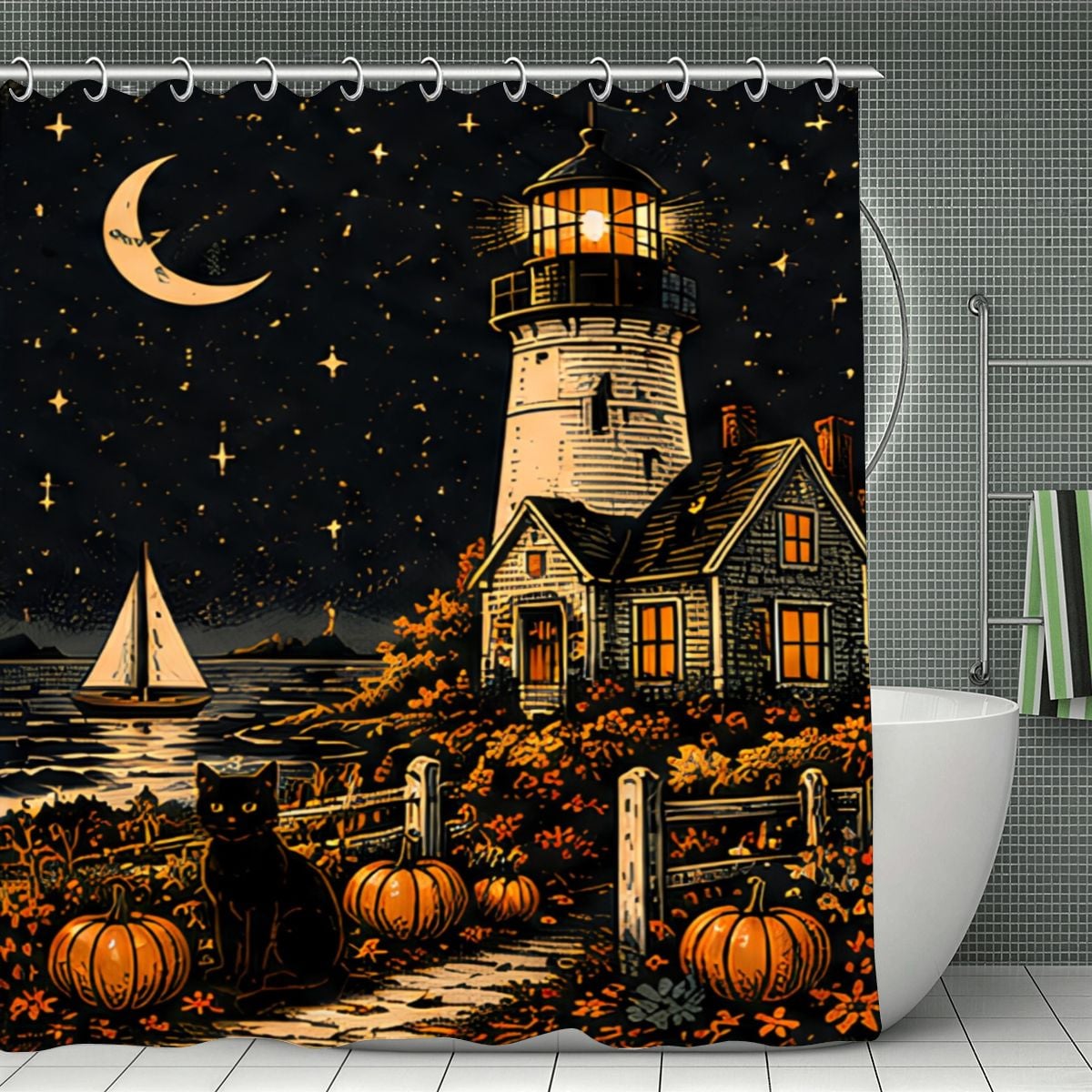 Nighttime lighthouse and cottage landscape shower curtain with moon, stars, and pumpkins.