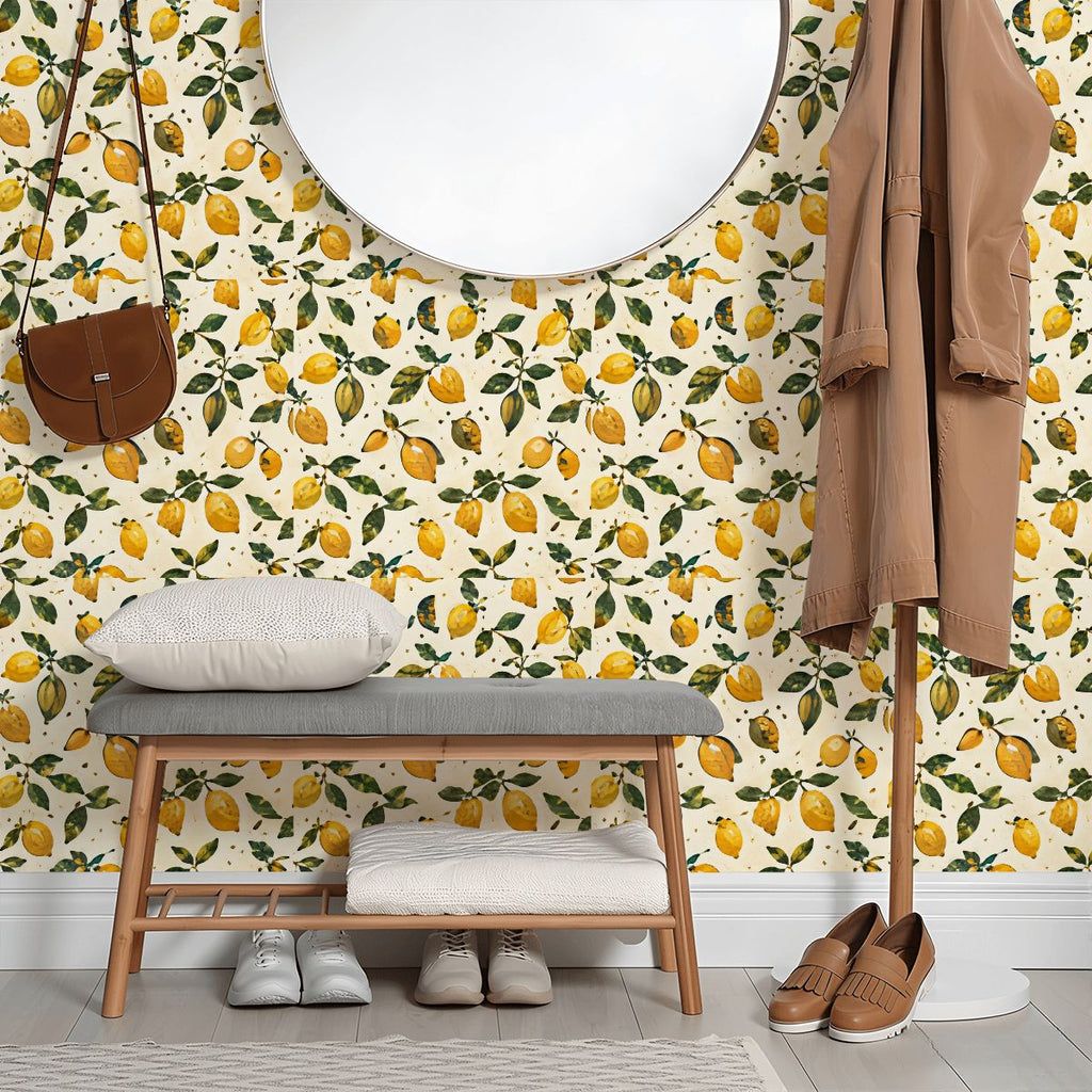 Lemon pattern wallpaper behind a grey bench with a pillow and wooden coat rack.