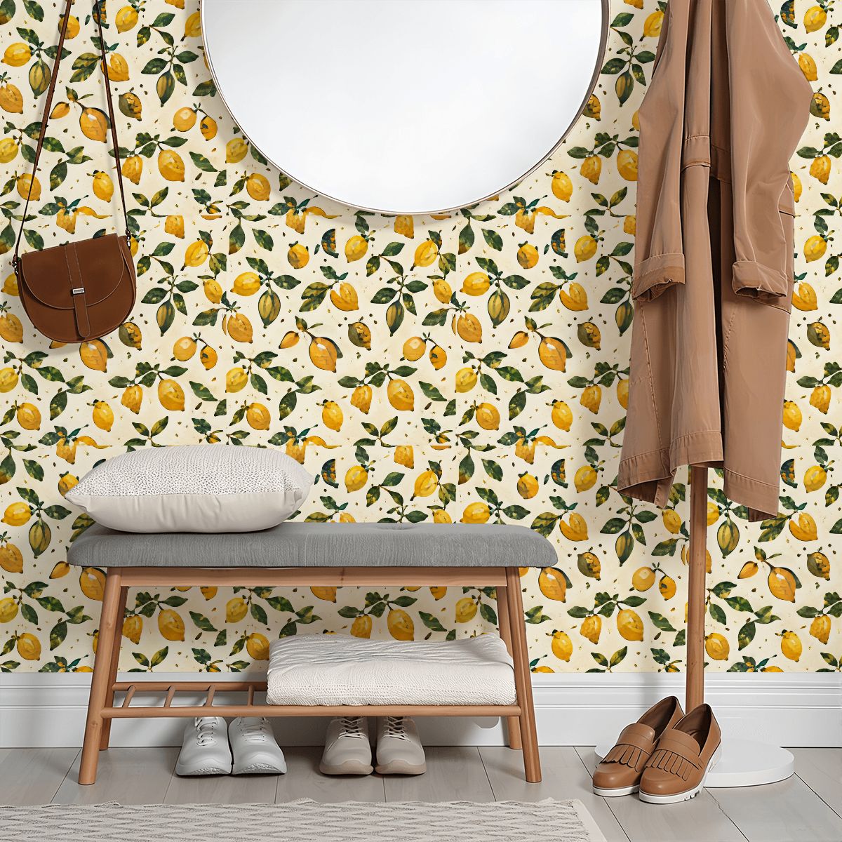 Lemon pattern wallpaper behind a grey bench with a pillow and wooden coat rack.