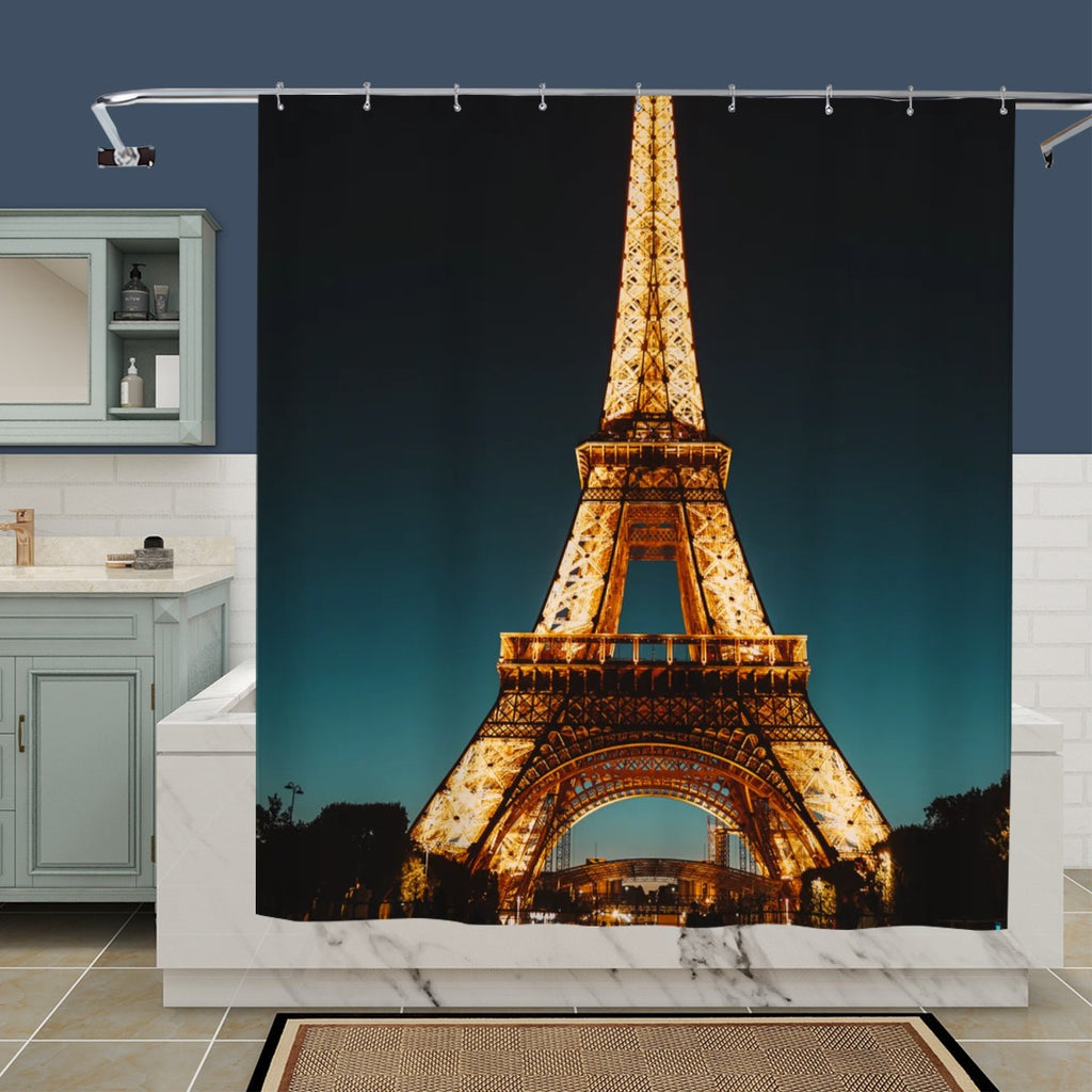 Eiffel Tower Night Lights shower curtain by Sandy Beach featuring a nighttime cityscape design for bathroom decor.