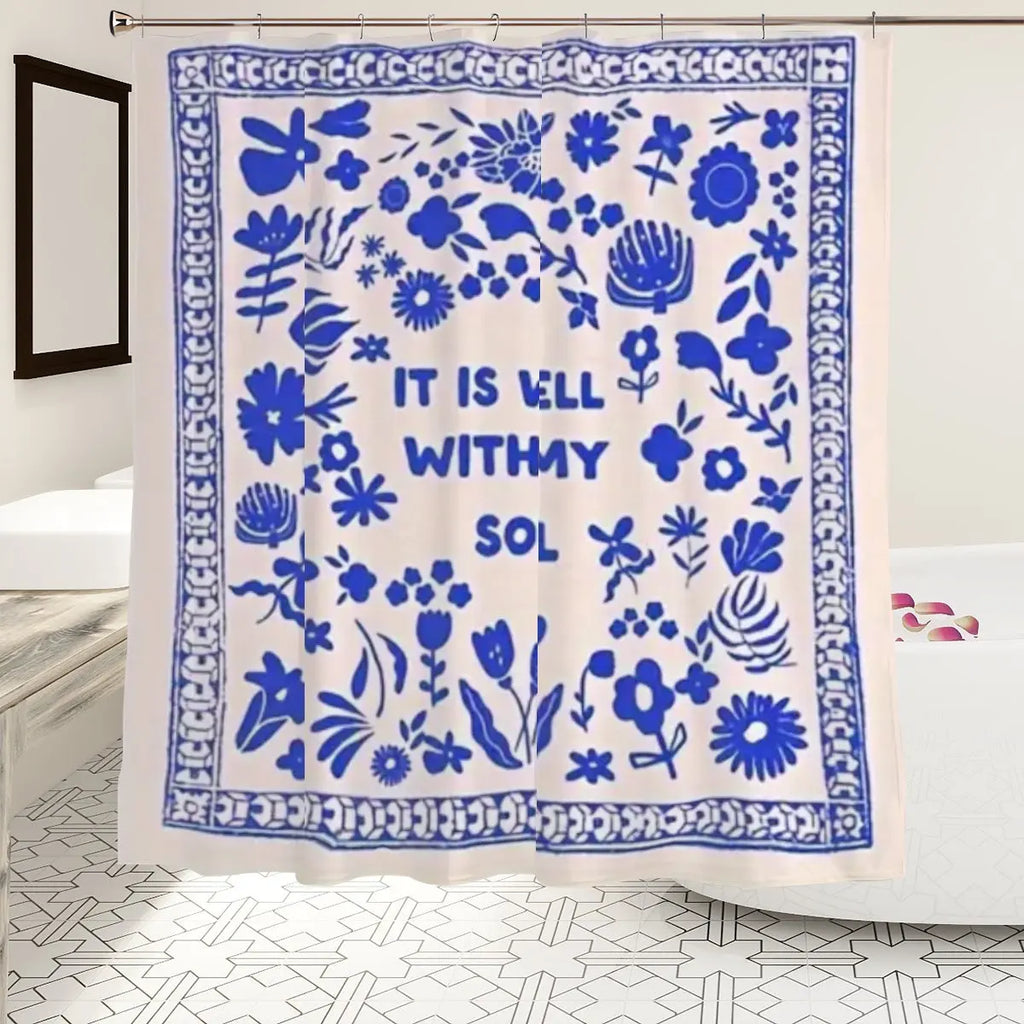 Sandy Beach "It is well with my soul" bathroom shower curtain with serene design, perfect for bathroom decor.